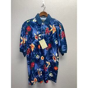 Vintage Salmon River Polo Shirt Floral Hawaiian Flowers NWT Blue Medium